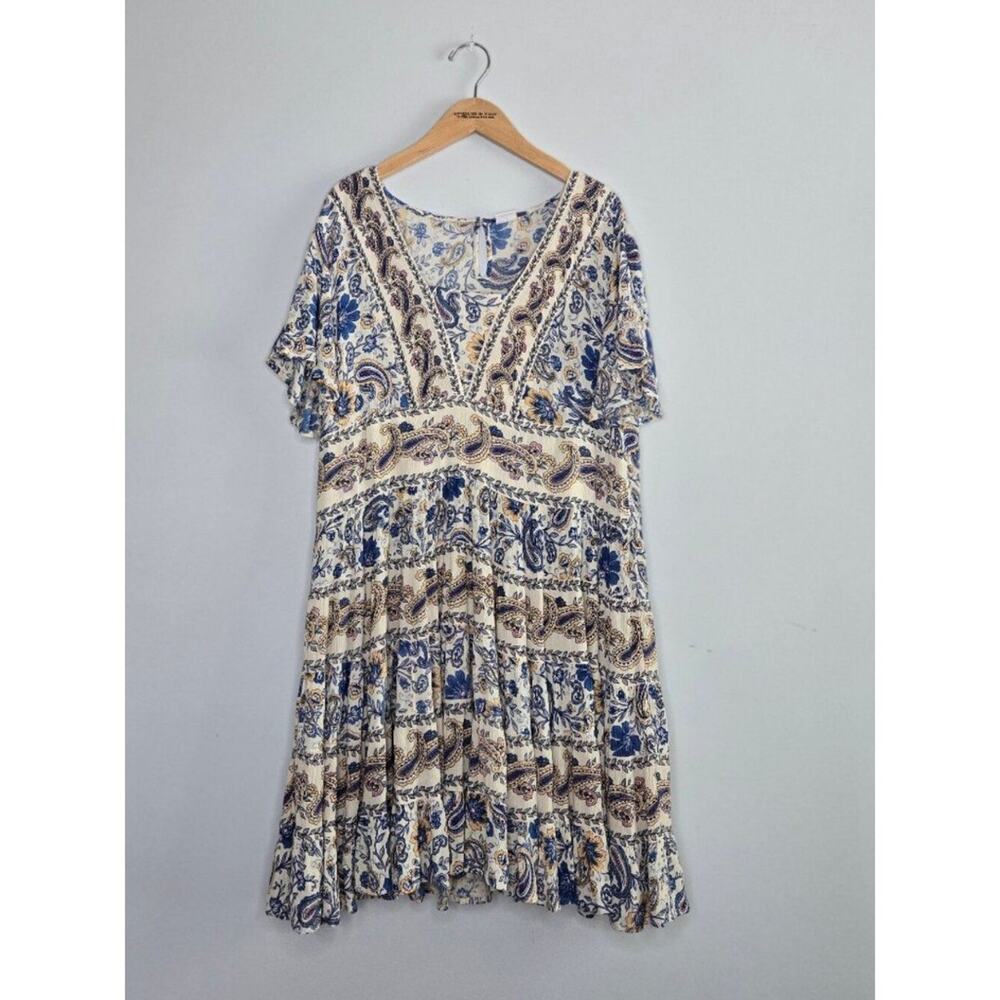 Bila Paisley Floral V-Neck Tiered Midi Dress Boho Size M